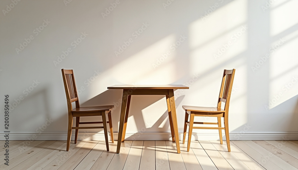 Fototapeta premium Minimalist wooden table and chairs in warm sunlight with clean background