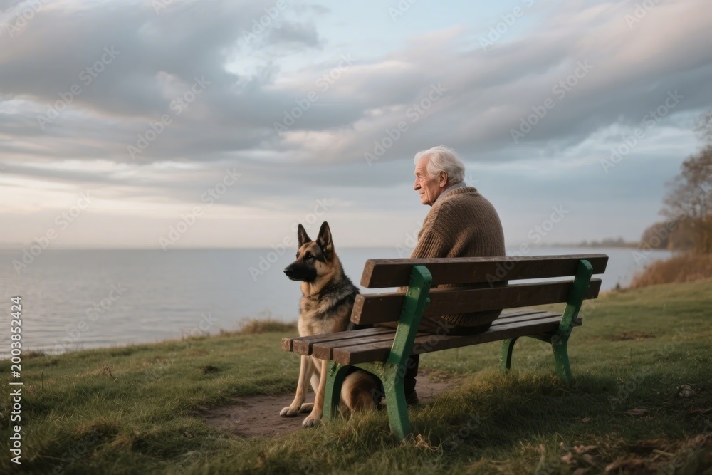 Fototapeta premium Elderly person sitting on a bench with a German Shepherd dog by the water at dusk
