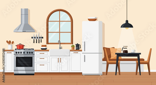 Cozy modern kitchen and dining area with appliances and window.