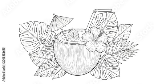 Tropical coconut cocktail with umbrella among lush leaves and tropical vibes.
