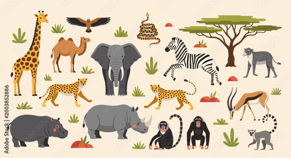 Obraz premium Diverse Savannah Animals Illustration Featuring Giraffes Elephants Zebras Lions Tigers and Monkeys in a Colorful Scene.