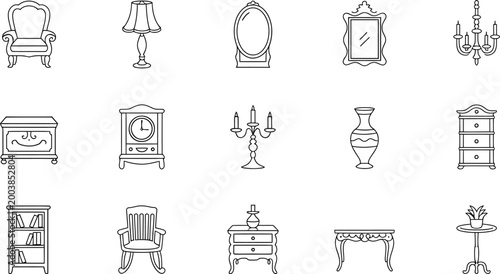 Vintage Style Home Decor Doodle Collection with Furniture Icons