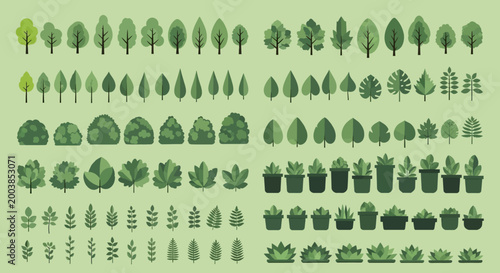 Assorted tree silhouettes and greenery icons in various styles.