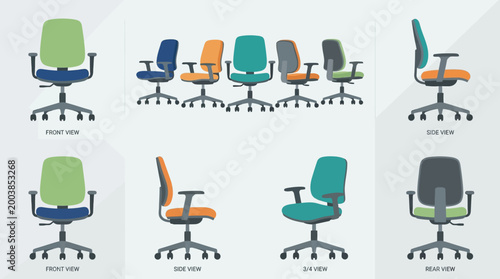 Collection of office chairs in various colors.