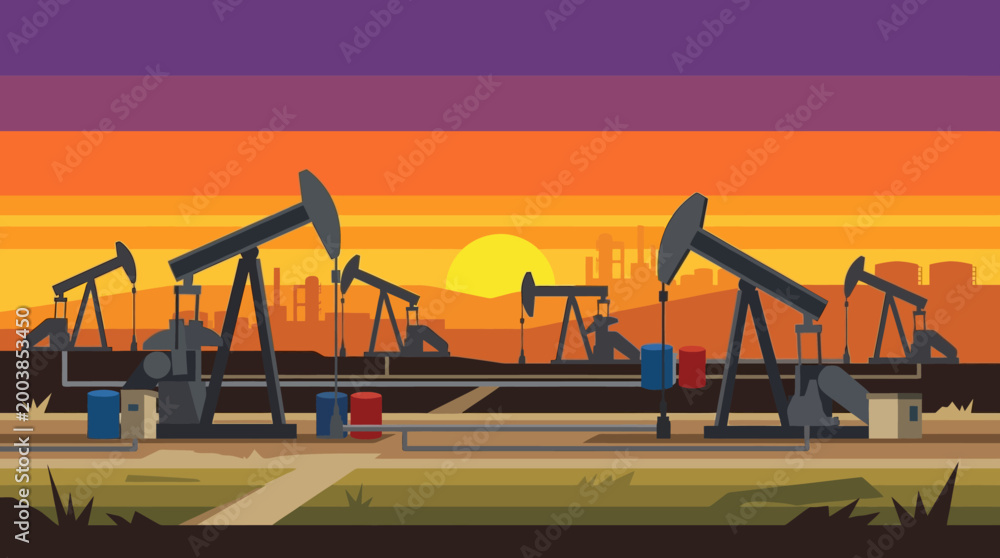 Fototapeta premium Oil pumps at sunset with city skyline.