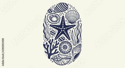 Whimsical marine life collage forming a seashell shape with starfish and coral.