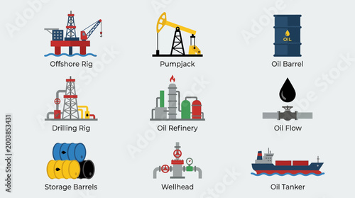 Oil and gas industry icons and equipment.