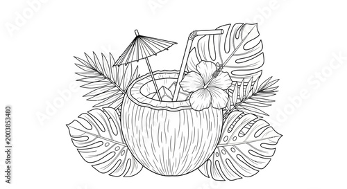 Tropical coconut drink with straw and umbrella among lush leaves and natural tropical ambiance.