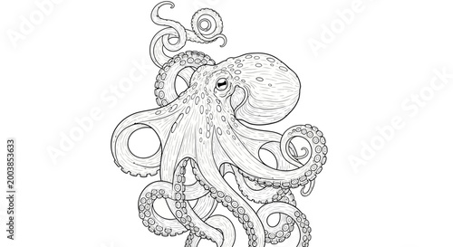 Detailed line art sketch of a curling octopus with many tentacles in monochrome.