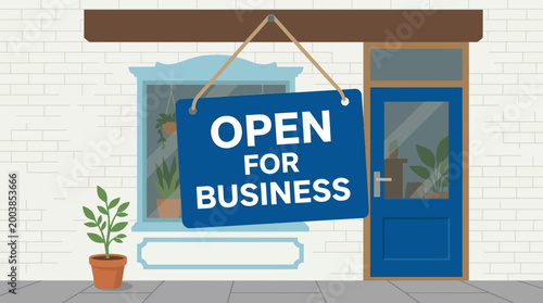 storefront with open for business sign.
