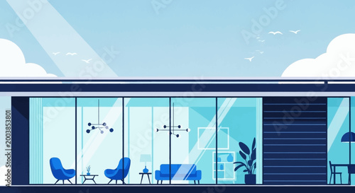 Contemporary glass building with spacious interior and blue seating visible through large windows.