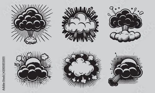 Retro Comic Explosion and Smoke Cloud Icons Set — Vintage Cartoon Burst and Pop Art Effects