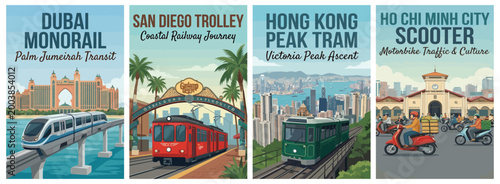 Vintage world travel poster set. Including dubai monorail, san diego trolley, hong kong peak tram, and ho chi minh scooter. Retro vector illustration.