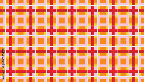 Seamless geometric pattern with warm red, orange, and pink tones. Abstract vibrant plaid vector background.