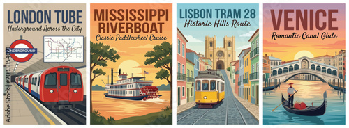 Vintage world travel poster set. Including london tube, mississippi riverboat, lisbon tram 28, and venice gondola. Retro vector illustration.