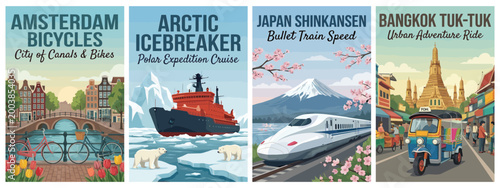 Vintage world travel poster set. Including amsterdam bicycles, arctic icebreaker, japan shinkansen, and bangkok tuk tuk. Retro vector illustration.