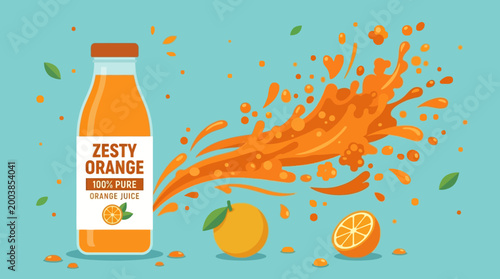 Fresh orange juice bottle with splashing effect.