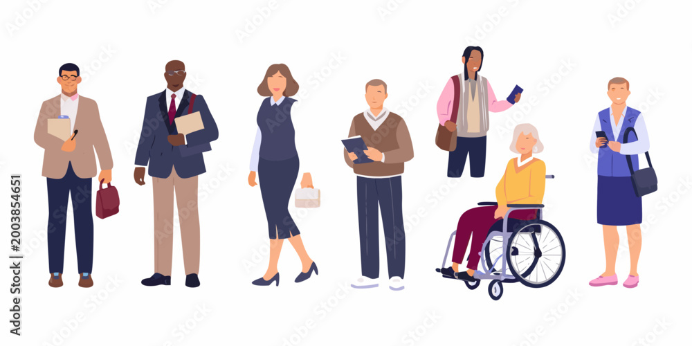 Obraz premium Diverse group of seven business people including a person in a wheelchair vector illustration on white background