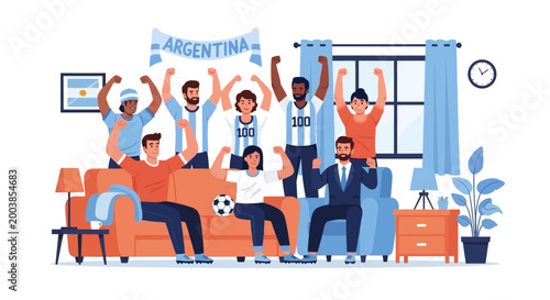 A diverse group of excited Argentinian football fans cheering and celebrating a victory while watching a match on television at home.