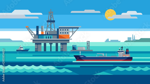 Offshore oil rig and cargo ship at sea.