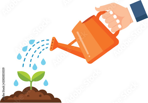 Hand watering a small plant with a can, vector graphic for growth.