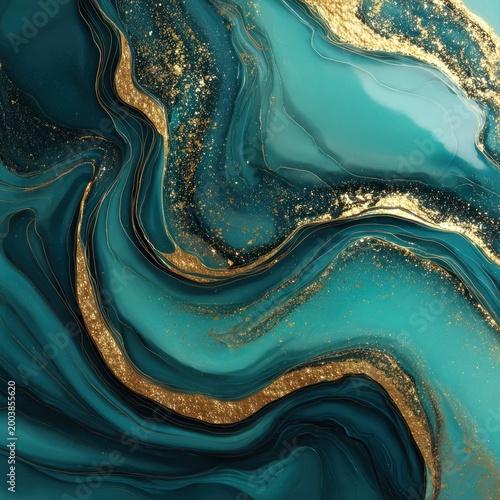 Rich teal and deep blue fluid medium features elegant swirling lines of glittering gold accentuation