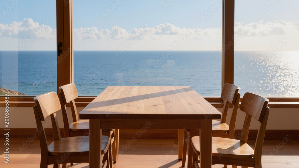 Fototapeta premium Ocean View Dining with Wooden Table and Chairs