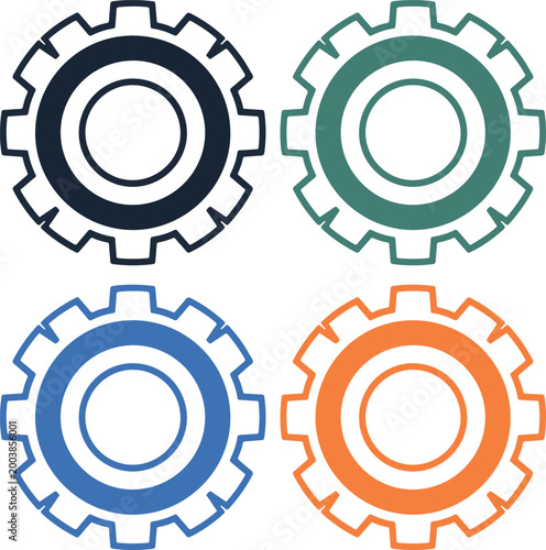 AI automation gear icons set with colorful vector variations for technology and industry.