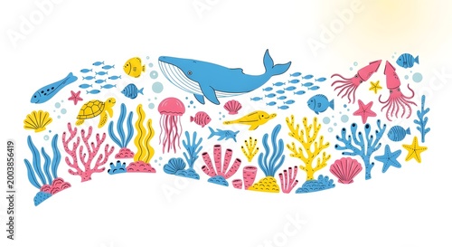 vibrant underwater ocean scene with sea creatures and coral reef in flat design illustration