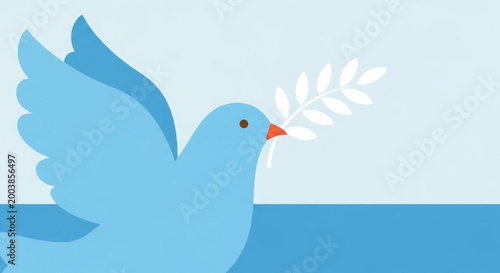 A light blue dove, symbol of peace, carries a white sprig of leaves in its beak against a soft blue background