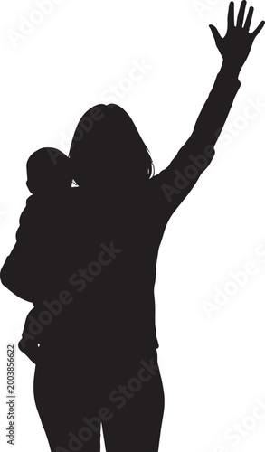Mother, silhouette, woman holding baby, waving hand, black icon