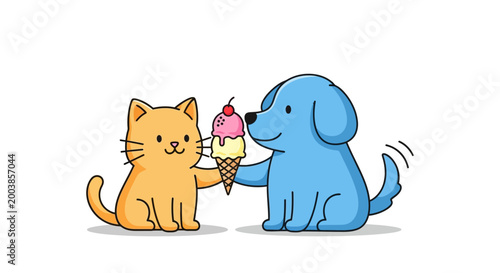 Cartoon dog and cat sharing ice cream.