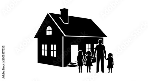 Family standing in front house.