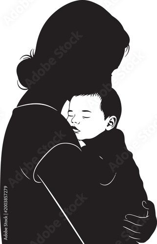 Minimalist mother and baby silhouette vector, loving mother holding sleeping infant, black and white motherhood illustration for parenting and family design