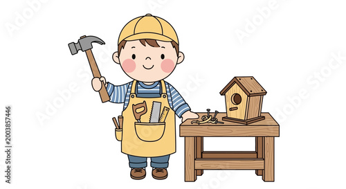 Little boy carpenter with a hammer.