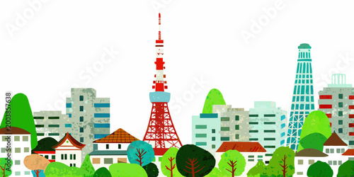 Tablou pe pânză Stylized illustration of a city skyline with a prominent red and white tower tre