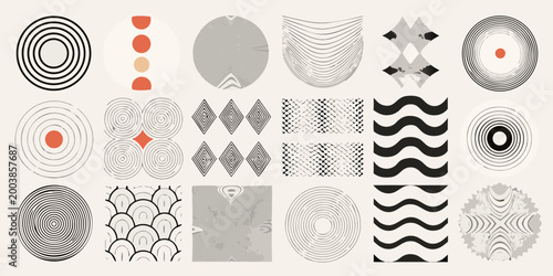 Foto Collection of abstract spiral and wave patterns in a monochromatic color scheme