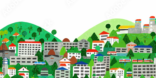 Foto watercolor hillside town illustration with colorful buildings and green rolling