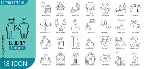 Elderly care and support themed icon set with editable stroke. featuring icons of various old, senior, Pensioner, grandparents, caregiver, health care, and more