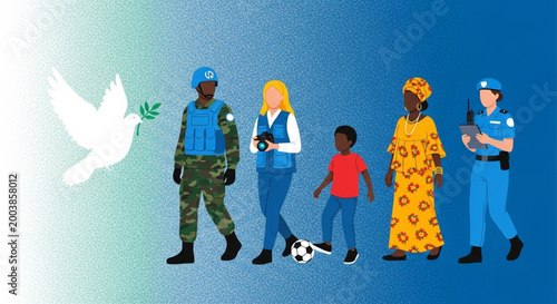 International Day of UN Peacekeepers community standing together, representing unity, hope, and the collective pursuit of peace and understanding across different professions and cultures