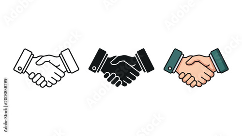 Handshake icon set: outline, solid black, and colorful vector illustration representing agreement and partnership