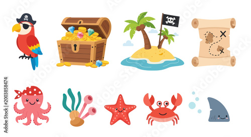 Billede på lærred Pirate Treasure Island Icons: Parrot, Chest, Map, Octopus, Crab, Shark
