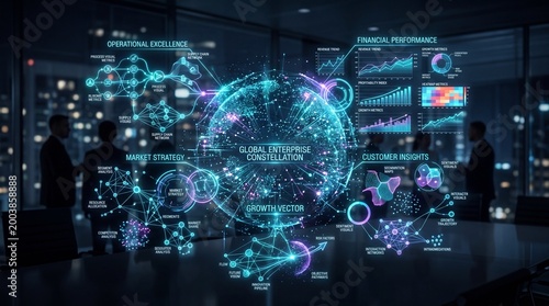 Advanced holographic enterprise dashboard displaying global data analytics in a modern office at night, with silhouettes of business professionals in