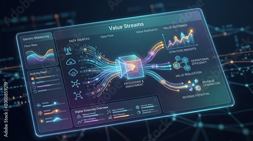 Digital data monetization interface displaying vibrant graphs and analytics on a dark background
