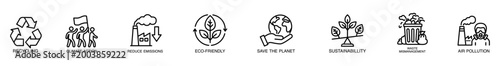 Recycling climate action emission reduction eco friendly planet sustainability waste management line icon set with outline symbols for environmental protection, conservation, air pollution