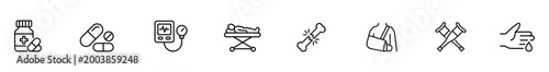 Medical icon health care medicine pill blood pressure monitor stretcher bone, clean outline banner for hospital clinic interface, emergency treatment, wellness infographic
