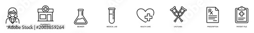Pharmacist pharmacy beaker laboratory healthcare crutch prescription patient file minimalist line icon set for medical service and hospital paperwork clean outline symbol