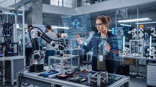 A futuristic robotics lab showcasing a female engineer interacting with holographic technology while observing robotic components