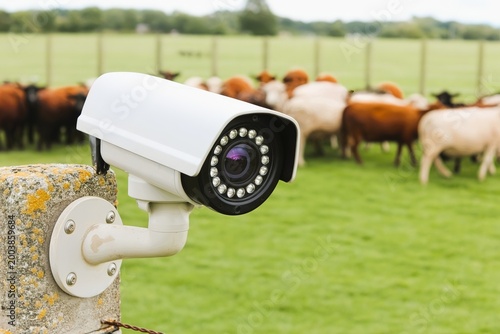CCTV security camera on stone post overlooking cattle farm field. livestock monitor technology