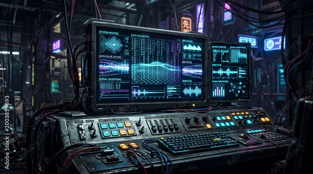 Fototapeta premium Futuristic control center filled with glowing screens displaying data and cybernetic graphics